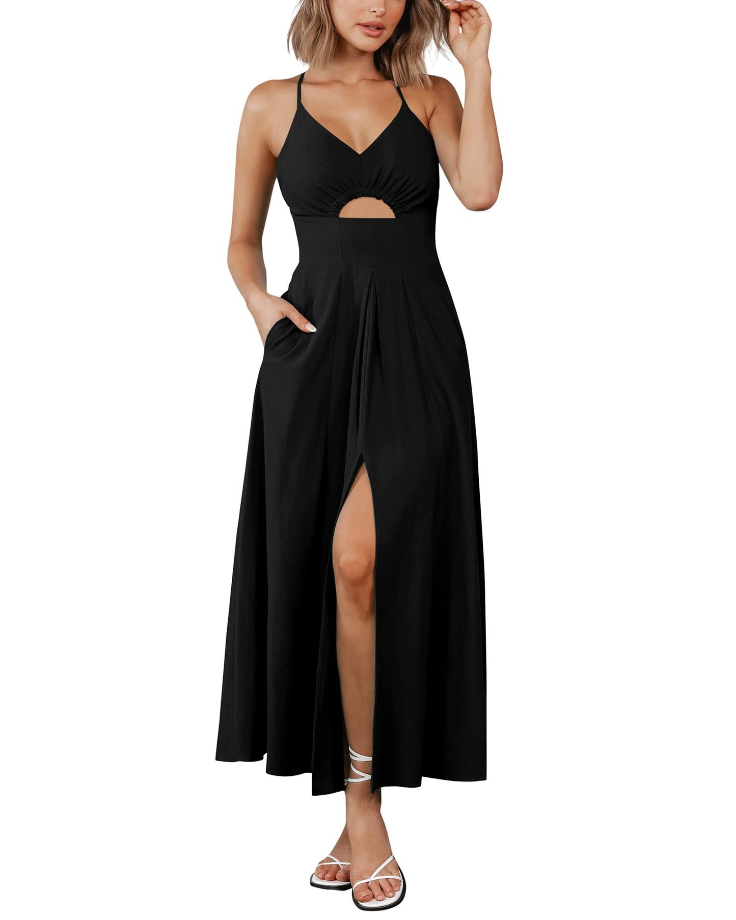 2023 Summer Spaghetti Strap Dress Sleeveless V Neck Cutout Slit Casual
