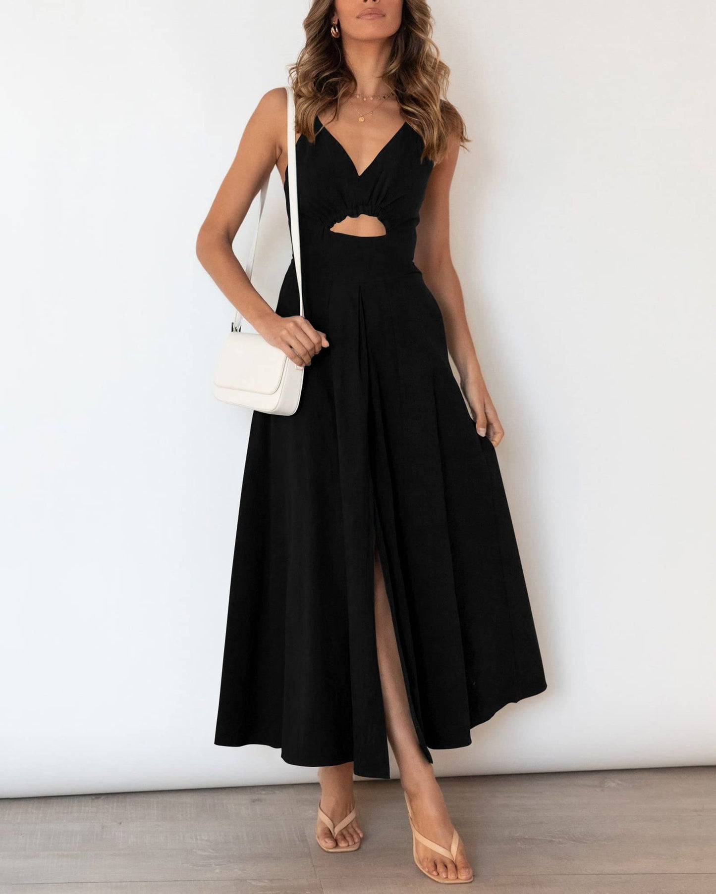 2023 Summer Spaghetti Strap Dress Sleeveless V Neck Cutout Slit Casual