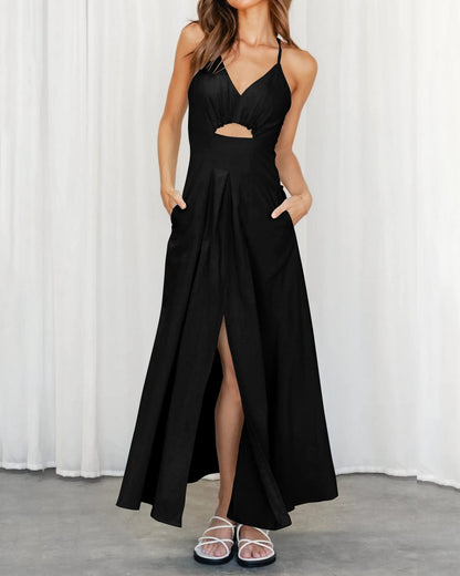 2023 Summer Spaghetti Strap Dress Sleeveless V Neck Cutout Slit Casual
