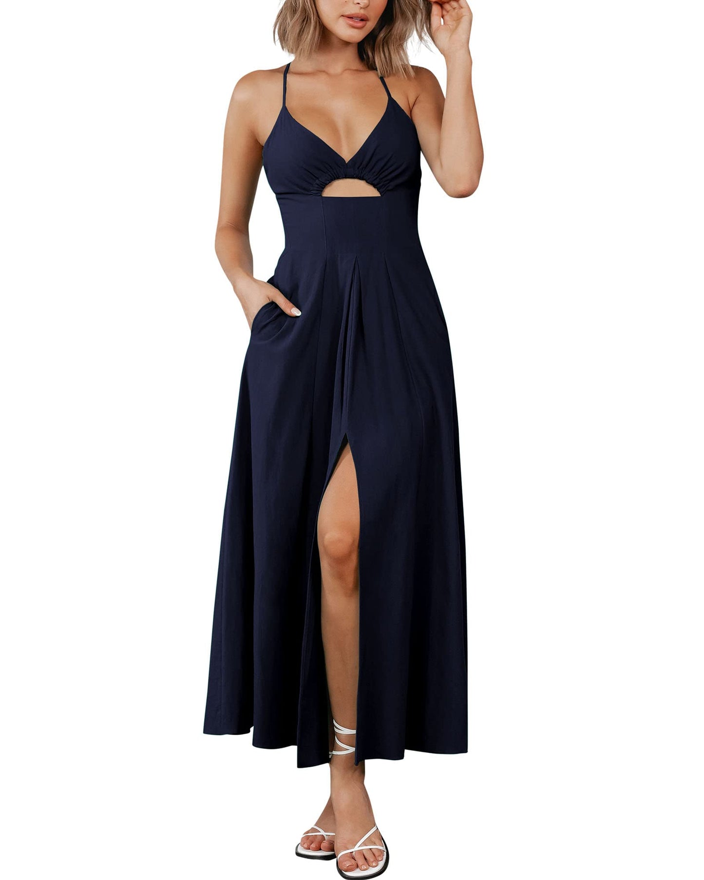 2023 Summer Spaghetti Strap Dress Sleeveless V Neck Cutout Slit Casual