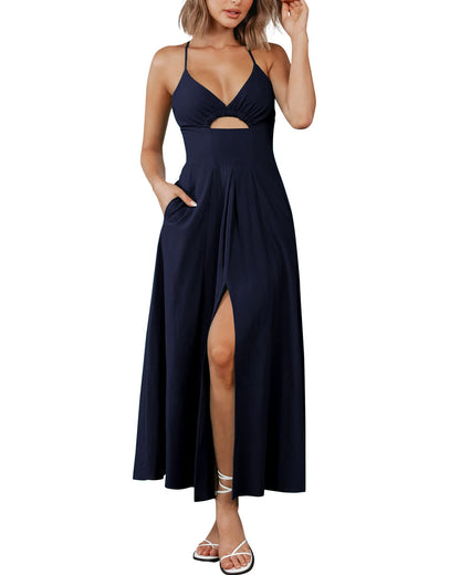 2023 Summer Spaghetti Strap Dress Sleeveless V Neck Cutout Slit Casual