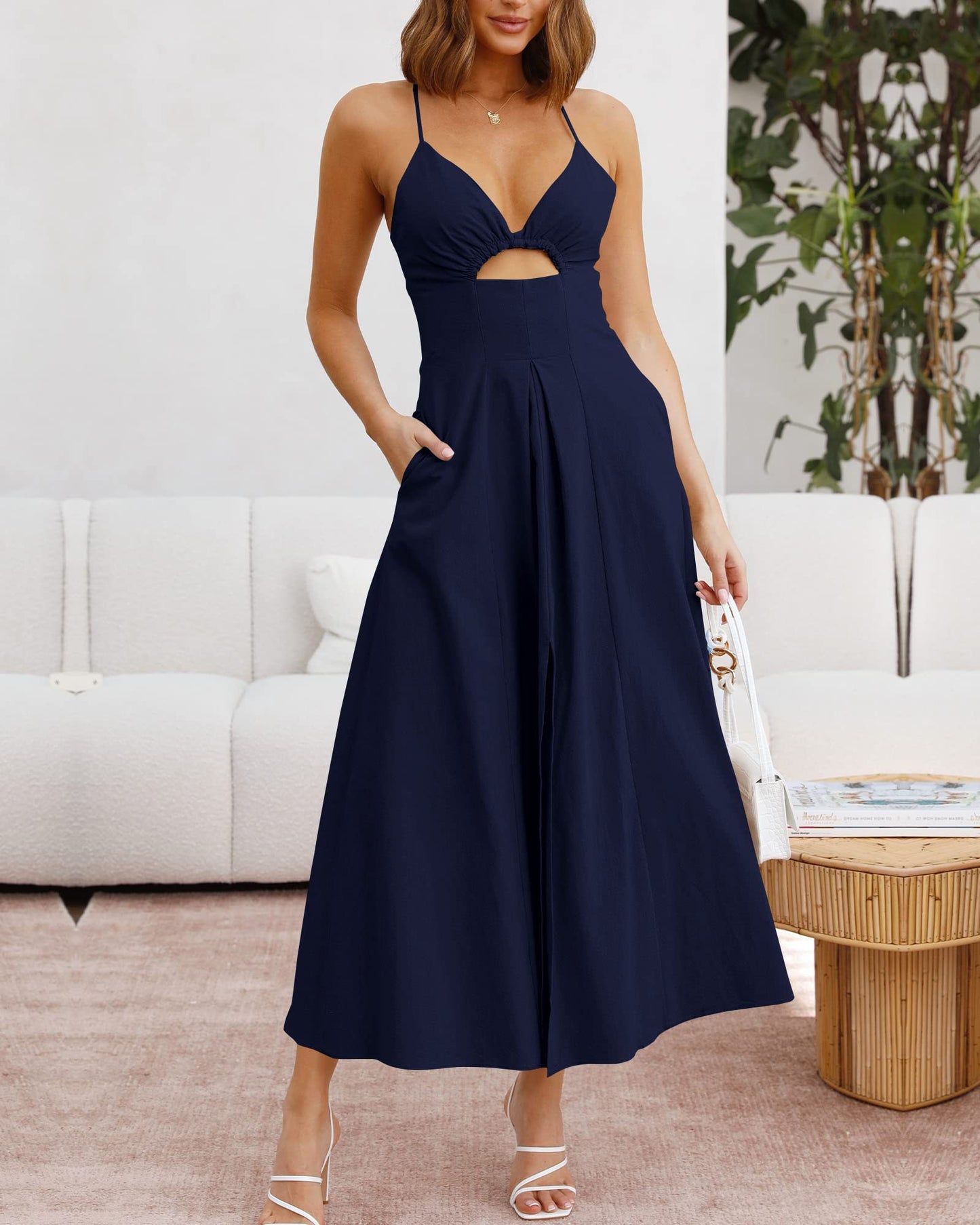 2023 Summer Spaghetti Strap Dress Sleeveless V Neck Cutout Slit Casual
