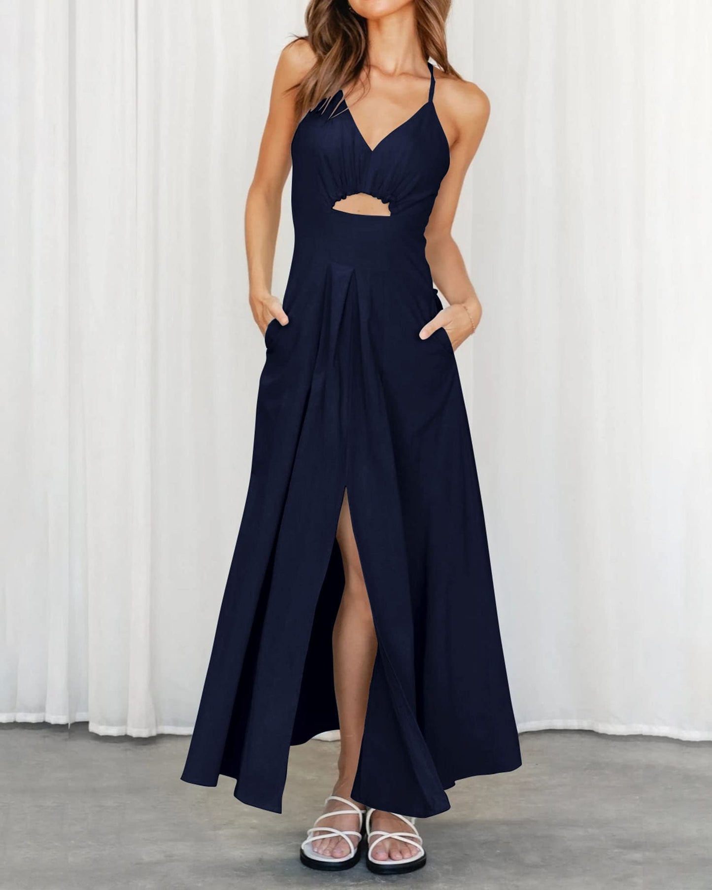 2023 Summer Spaghetti Strap Dress Sleeveless V Neck Cutout Slit Casual