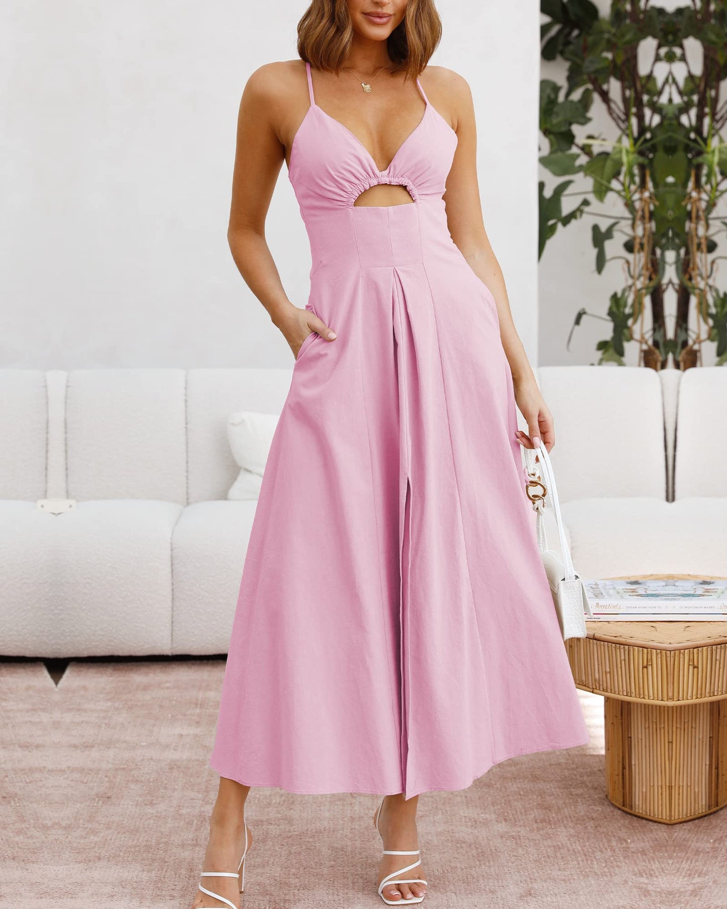 2023 Summer Spaghetti Strap Dress Sleeveless V Neck Cutout Slit Casual