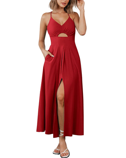 2023 Summer Spaghetti Strap Dress Sleeveless V Neck Cutout Slit Casual