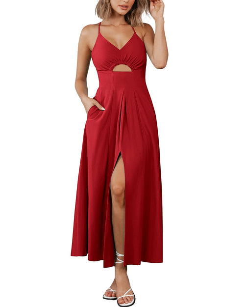 2023 Summer Spaghetti Strap Dress Sleeveless V Neck Cutout Slit Casual