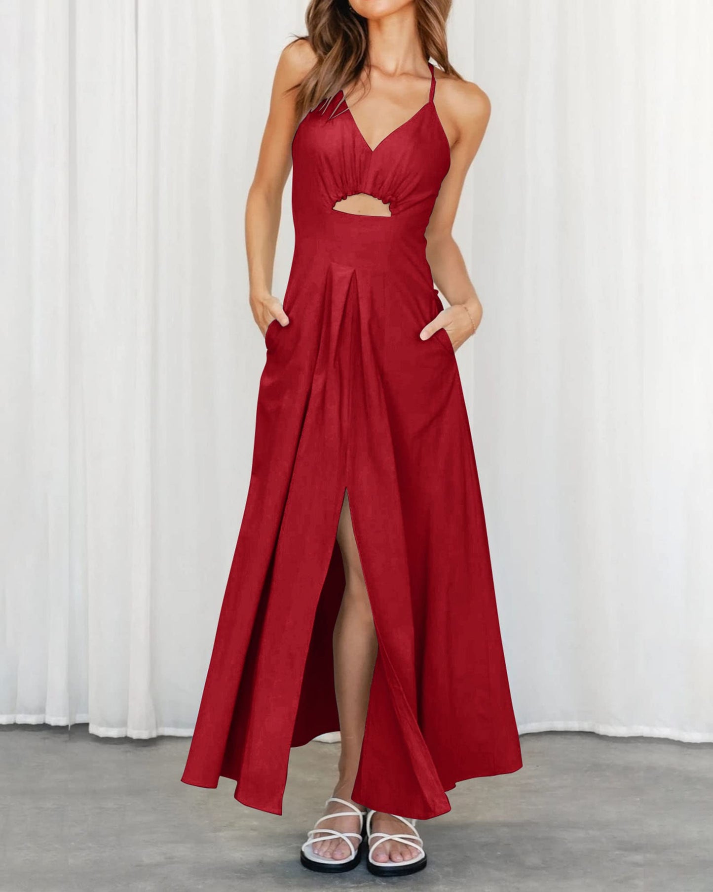 2023 Summer Spaghetti Strap Dress Sleeveless V Neck Cutout Slit Casual