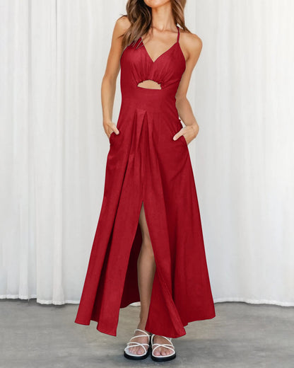 2023 Summer Spaghetti Strap Dress Sleeveless V Neck Cutout Slit Casual