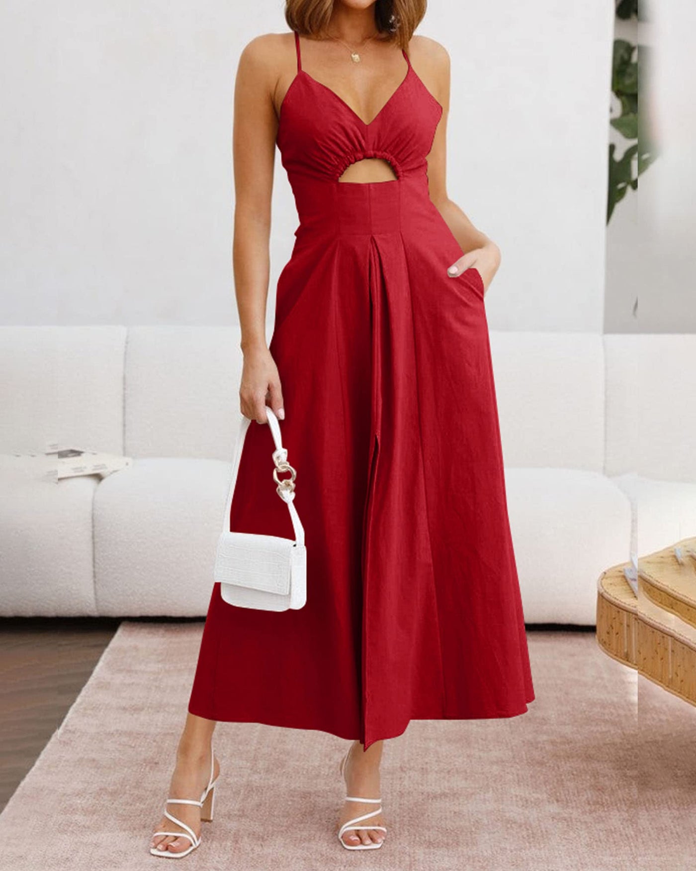 2023 Summer Spaghetti Strap Dress Sleeveless V Neck Cutout Slit Casual