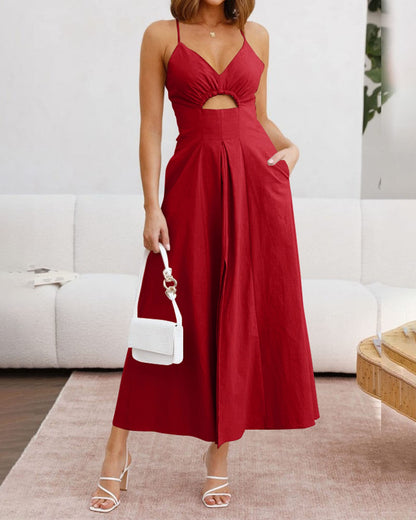 2023 Summer Spaghetti Strap Dress Sleeveless V Neck Cutout Slit Casual