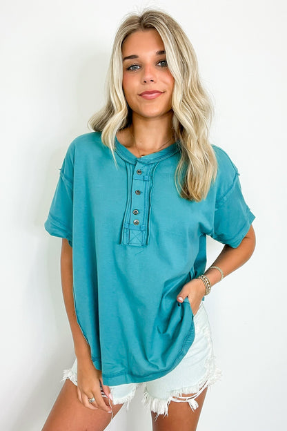 Taryyn Raw Edge Button Henley Top （ BUY 2 FREE SHIPPING)