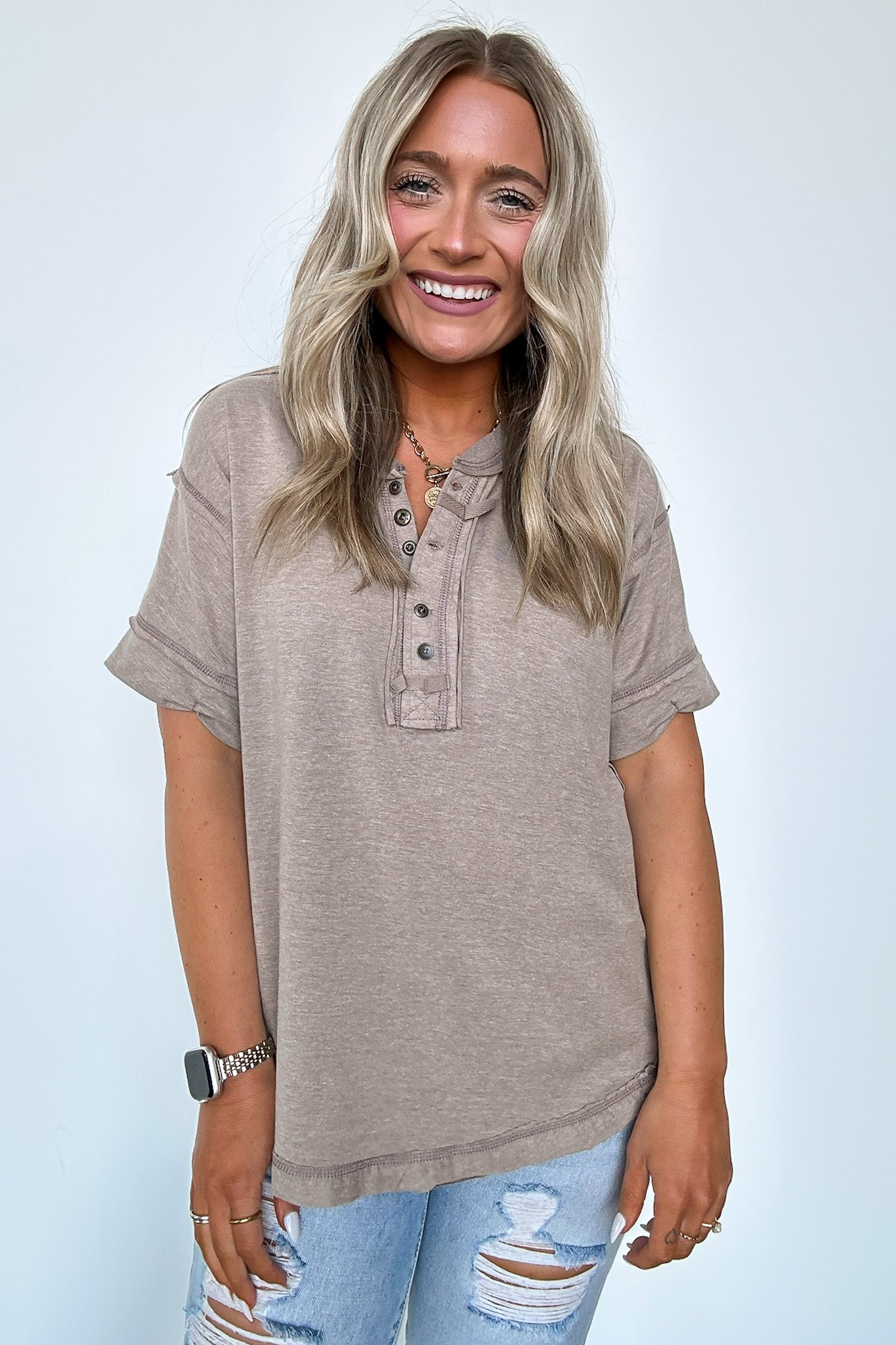 Taryyn Raw Edge Button Henley Top （ BUY 2 FREE SHIPPING)