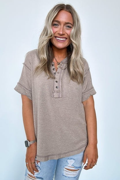 Taryyn Raw Edge Button Henley Top （ BUY 2 FREE SHIPPING)