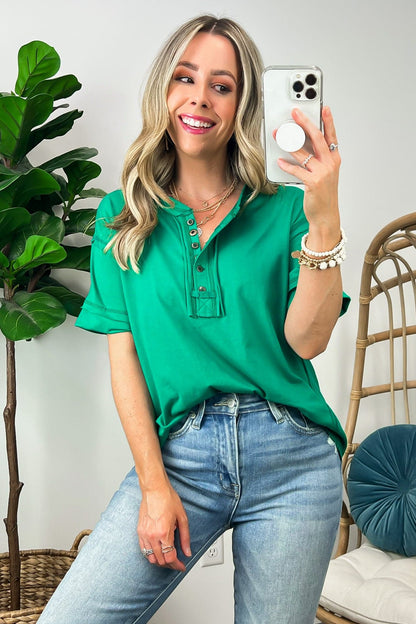 Taryyn Raw Edge Button Henley Top （ BUY 2 FREE SHIPPING)