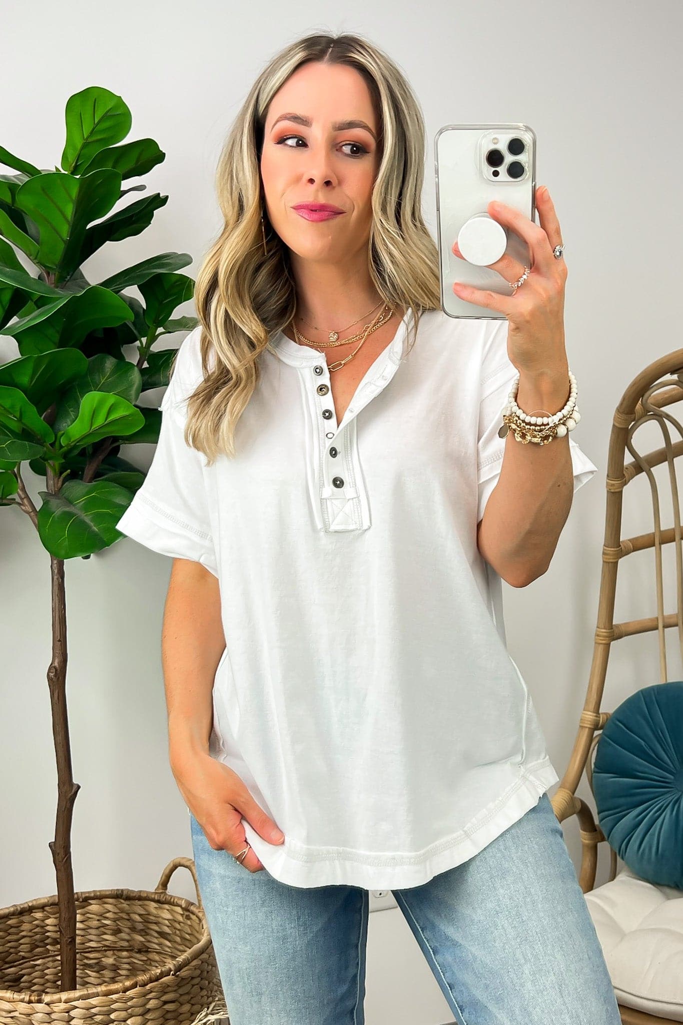 Taryyn Raw Edge Button Henley Top （ BUY 2 FREE SHIPPING)