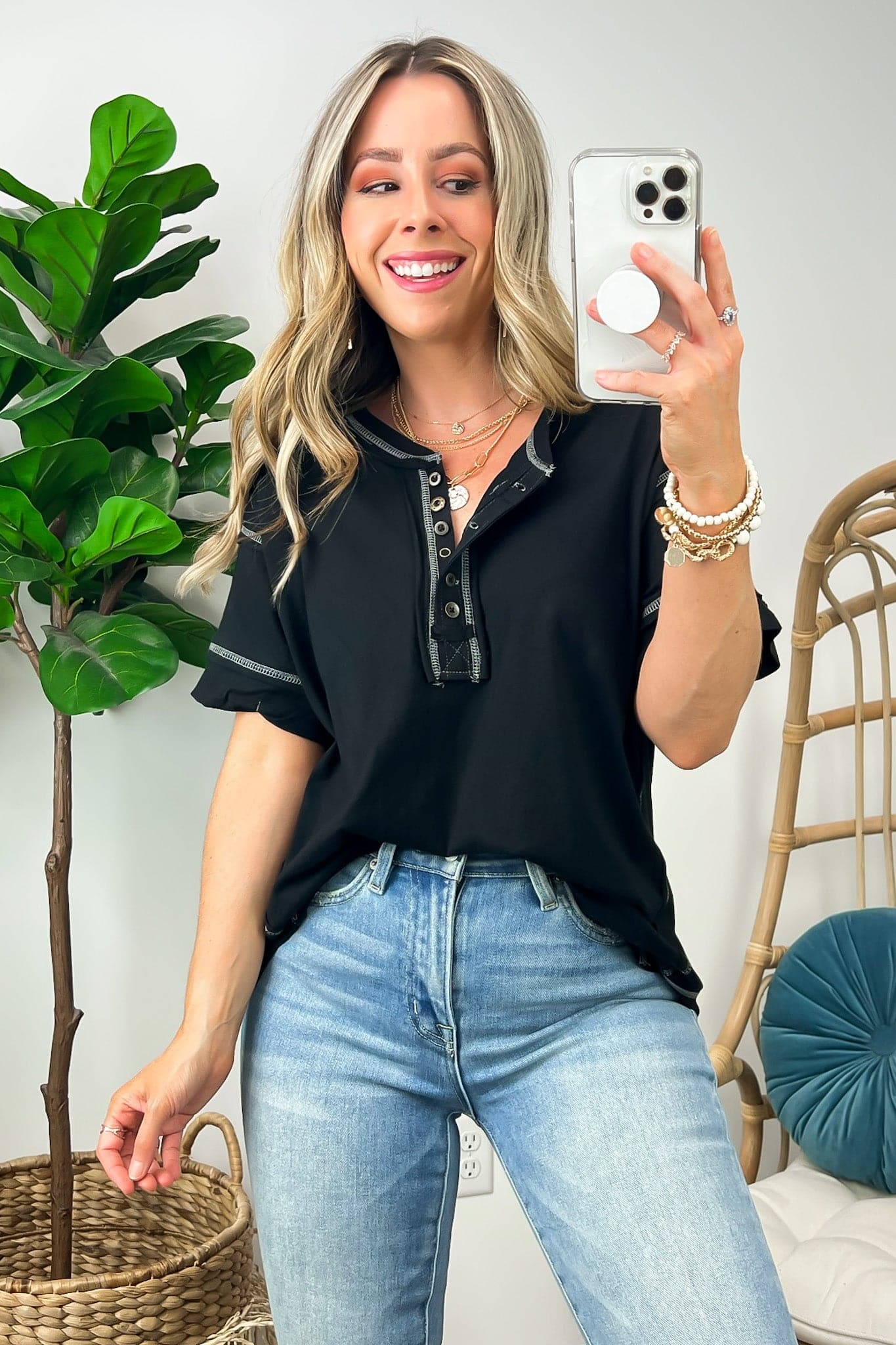 Taryyn Raw Edge Button Henley Top （ BUY 2 FREE SHIPPING)
