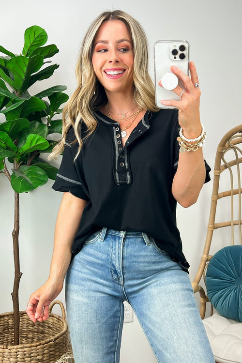 Taryyn Raw Edge Button Henley Top （ BUY 2 FREE SHIPPING)