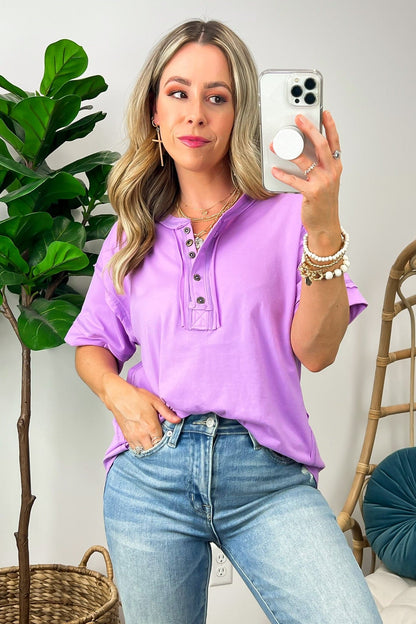 Taryyn Raw Edge Button Henley Top （ BUY 2 FREE SHIPPING)