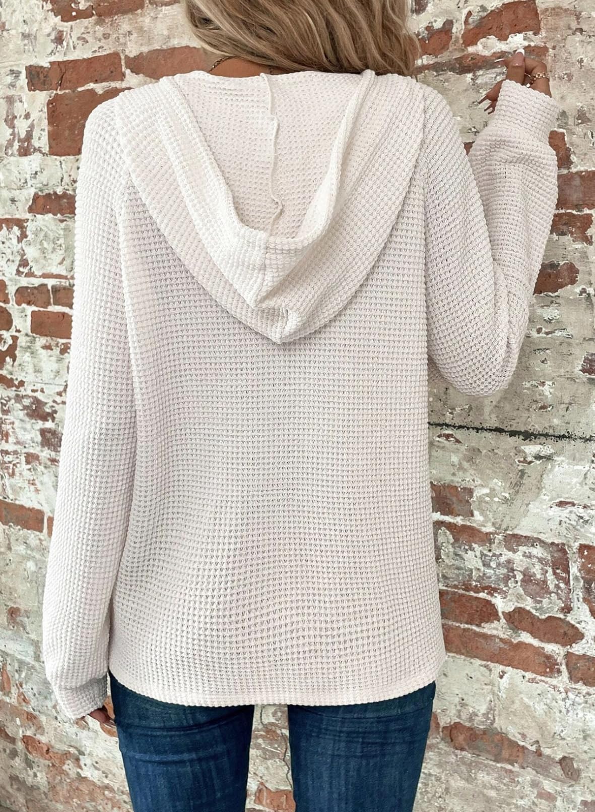 Women's Waffle Knit Drawstring Button V Neck Hooded Sweatshirt(buy 2 free shipping)