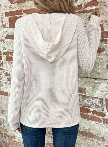 Limited time sale 🔥Women's Waffle Knit Drawstring Button V Neck Hooded Sweatshirt