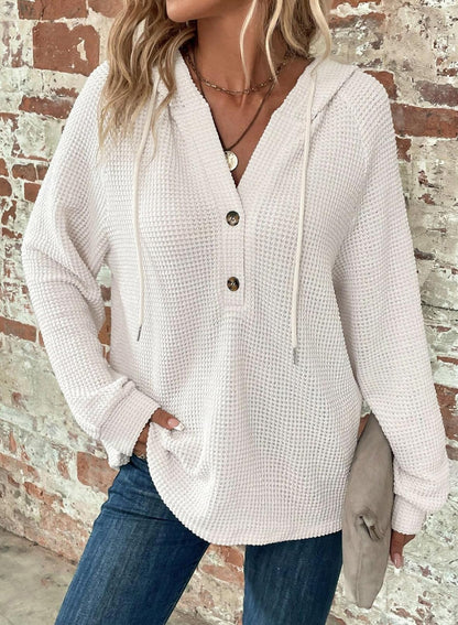 Women's Waffle Knit Drawstring Button V Neck Hooded Sweatshirt(buy 2 free shipping)