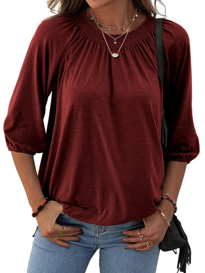 ✨Women's Casual Cotton 3/4 Sleeve Loose Pleated Basic Tops