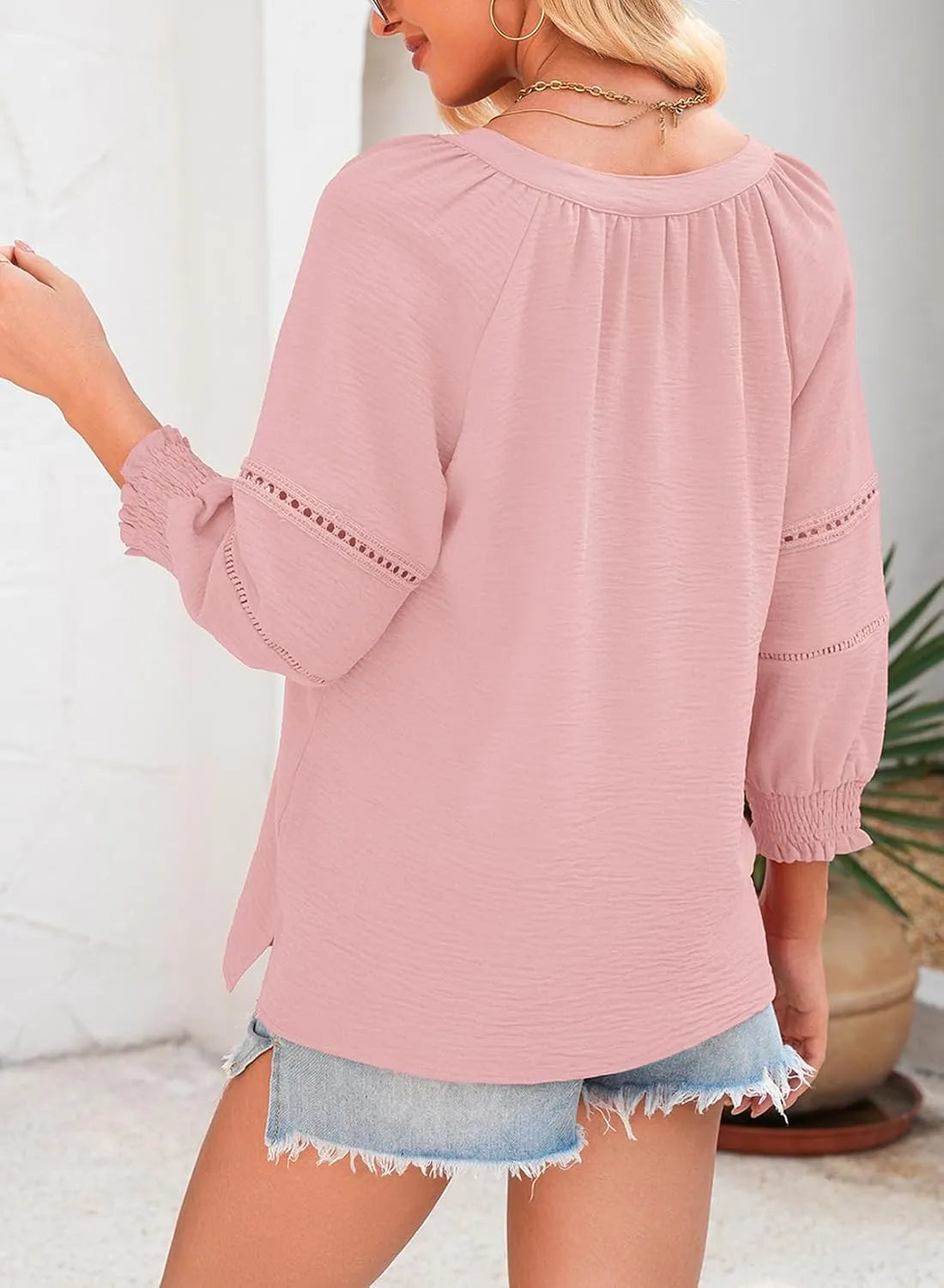 Limited time sale🔥Womens 3/4 Lantern Sleeve Casual V-Neck T-Shirts Pleated Loose Hollow-Out Blouse