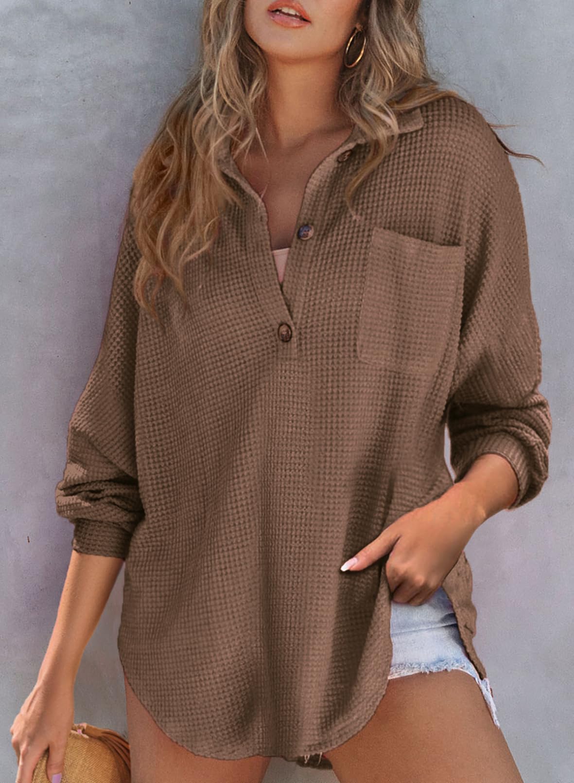 Autumn Women's Waffle Knit Henley V Neck Shirt Jacket