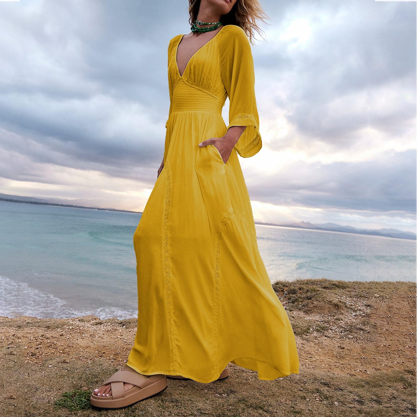 Women's V-Neck Summer Maxi Dress with Pocket (Buy 2 Free Shipping)