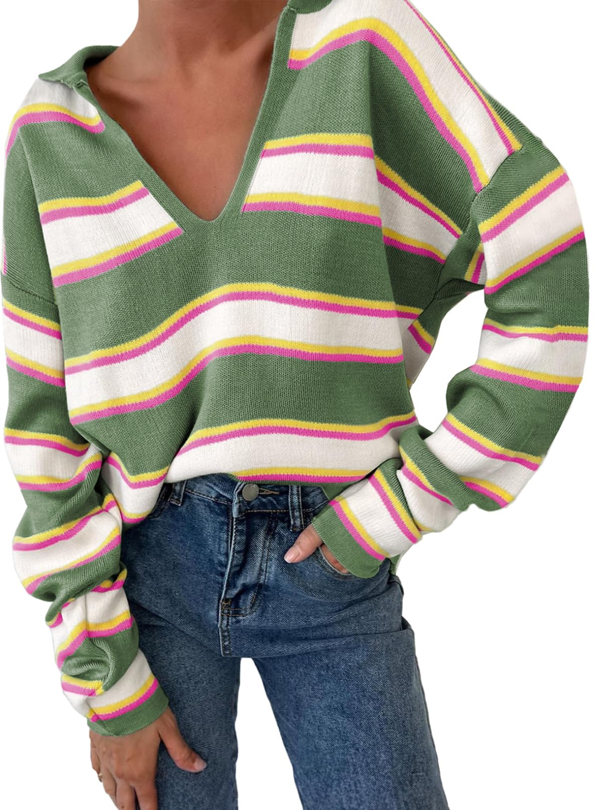 Women's V-neck Striped Oversized Sweater Pullover Top