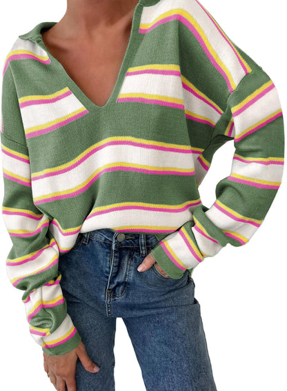 Women's V-neck Striped Oversized Sweater Pullover Top