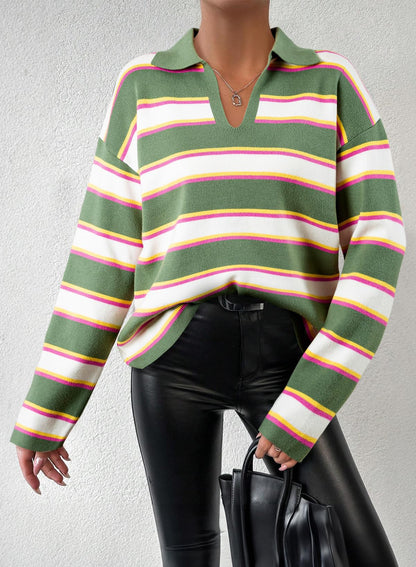 Women's V-neck Striped Oversized Sweater Pullover Top