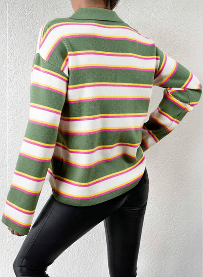 Women's V-neck Striped Oversized Sweater Pullover Top