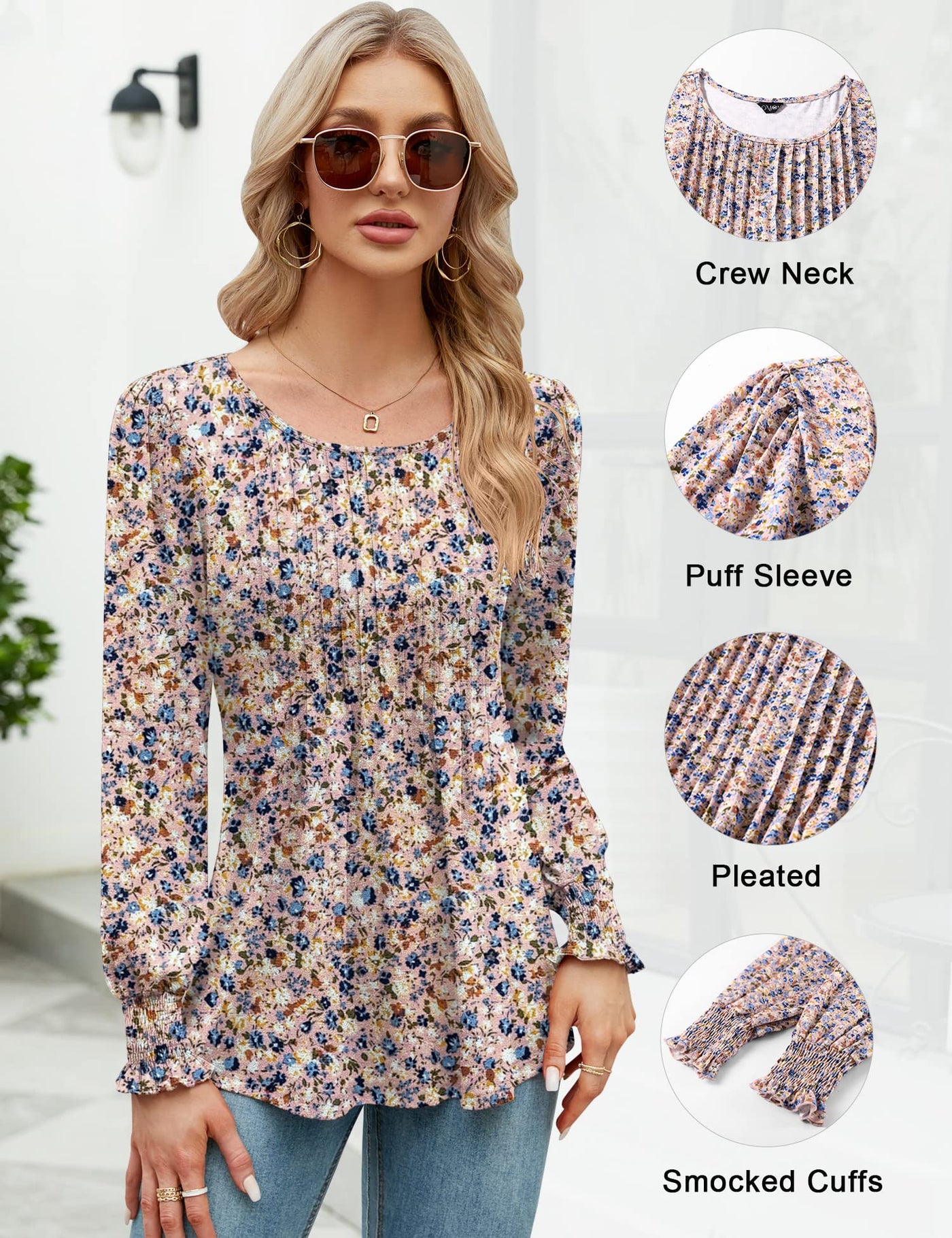 ✨Puff Long Sleeve Pleated Crew Neck Tunic Top