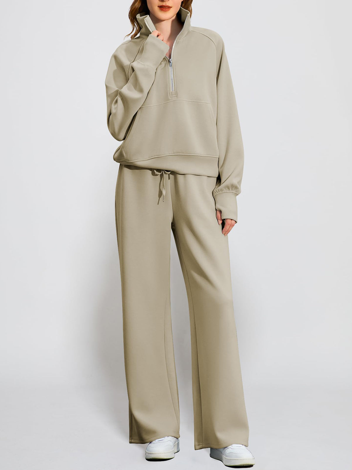 Women's Oversized Half Zip Wide Leg 2 Piece Outfits Lounge Set