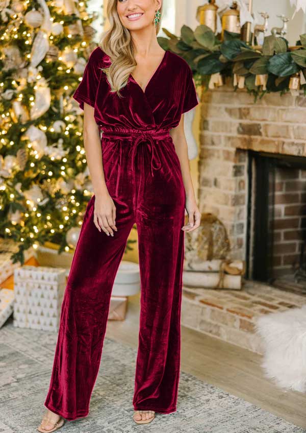 Women's Casual Short Sleeve Belted Long Wide Leg Pant One Piece Jumpsuit(BUY 2 FREE SHIPPING)
