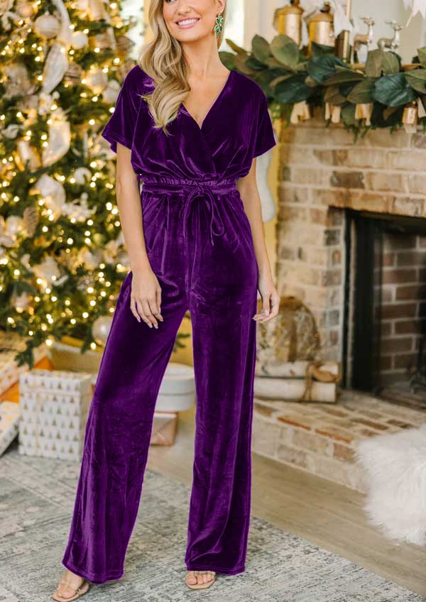 Women's Casual Short Sleeve Belted Long Wide Leg Pant One Piece Jumpsuit(BUY 2 FREE SHIPPING)