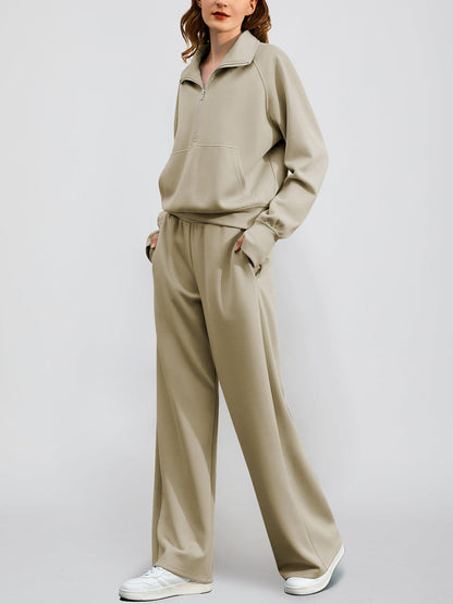 Women's Oversized Half Zip Wide Leg 2 Piece Outfits Lounge Set