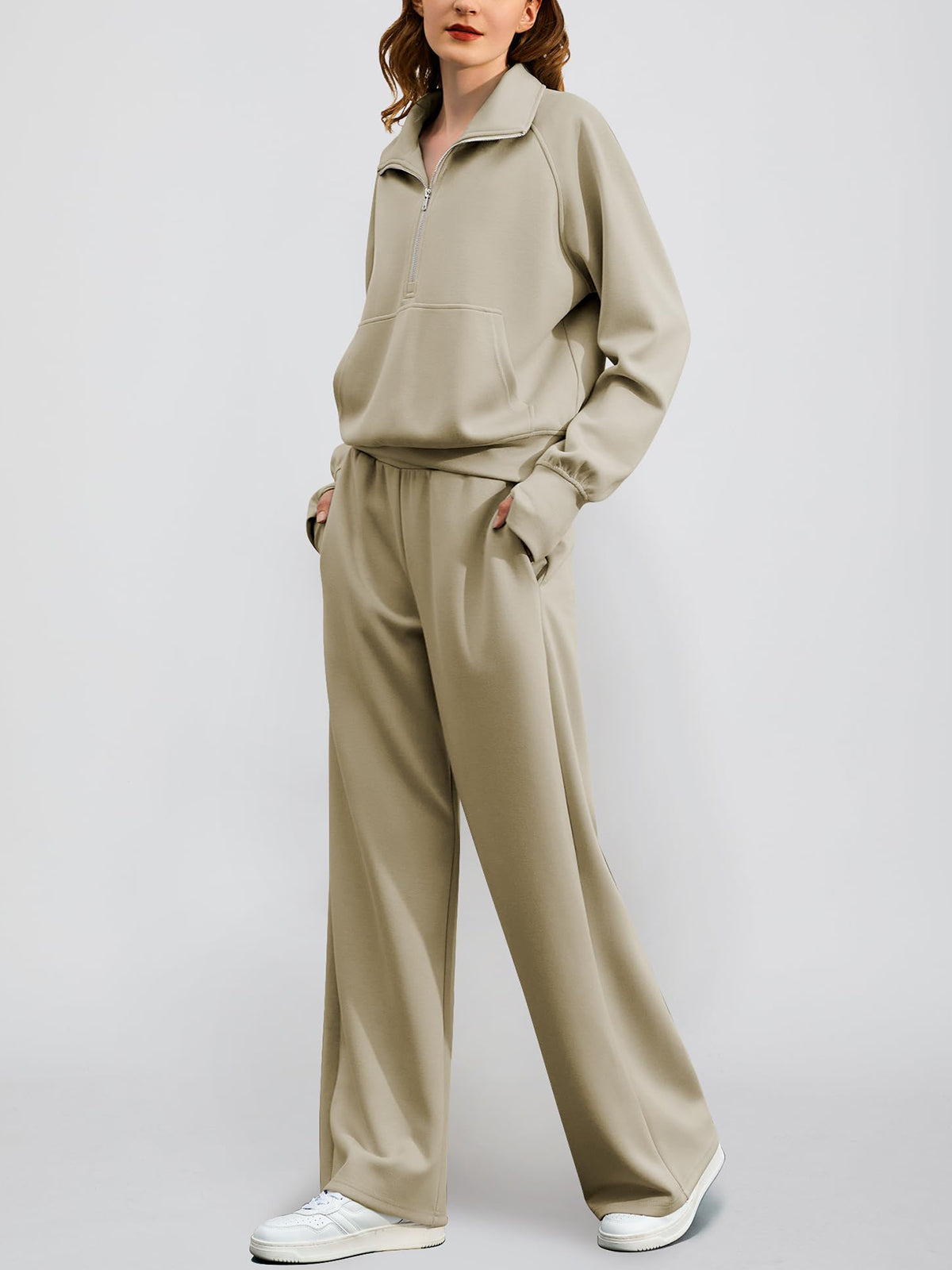 Women's Oversized Half Zip Wide Leg 2 Piece Outfits Lounge Set