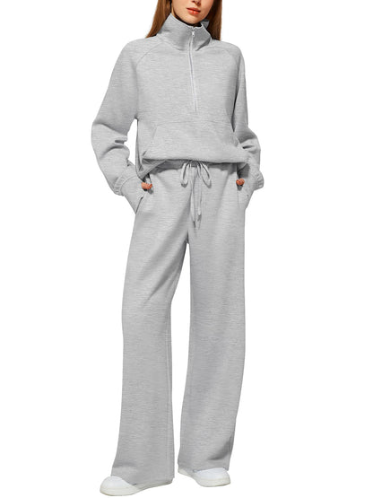 Women's Oversized Half Zip Wide Leg 2 Piece Outfits Lounge Set