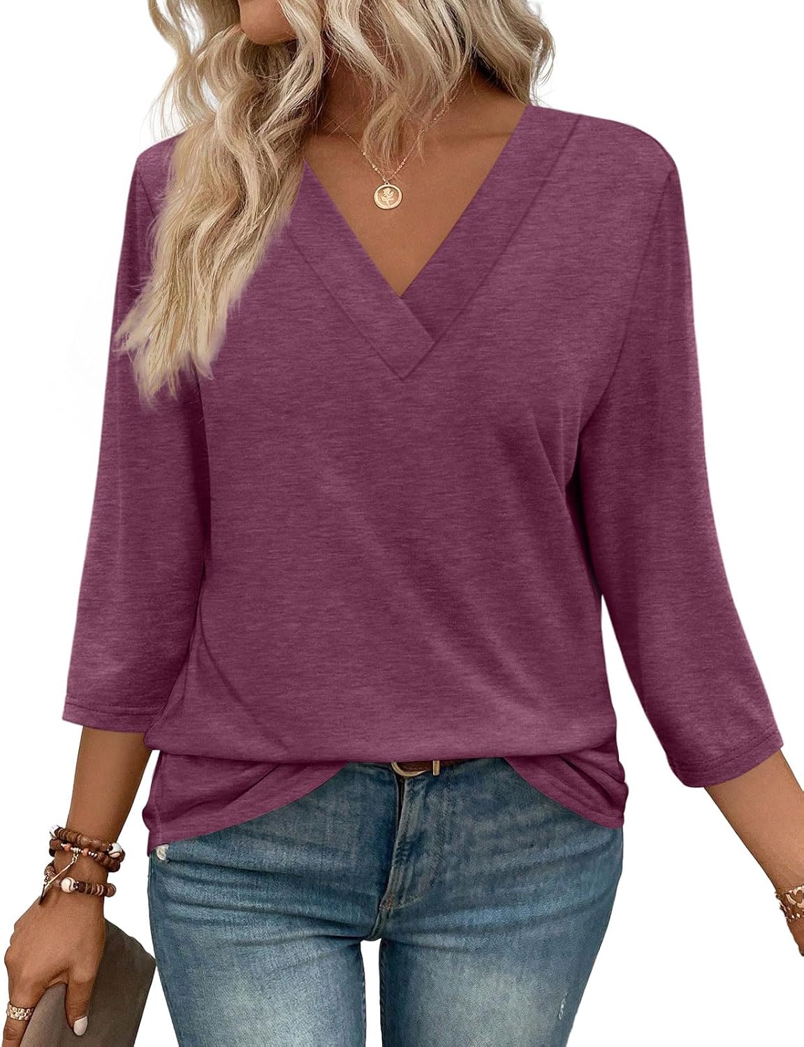 ✨Flash Sale Women's Trendy V Neck 3/4 Long Sleeve Tops Loose Fit Blouse