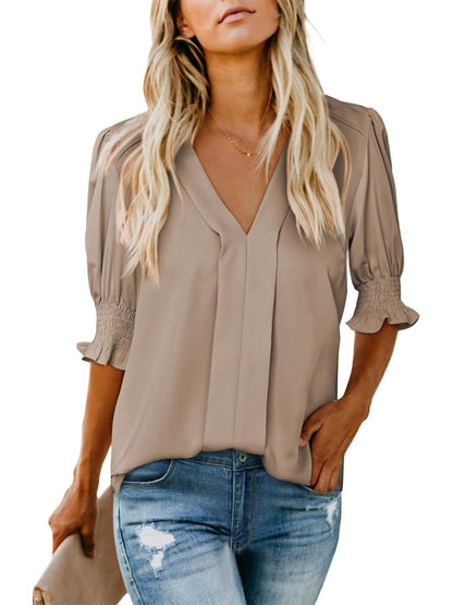 Limited time sale🔥Women's V Neck Dressy Puff Ruffle Blouse Casual Short Sleeve Tops