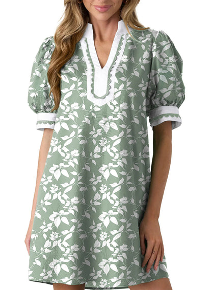 Limited time sale🔥Women's Floral Print V Neck Ricrac Trim Puff Sleeve Dress