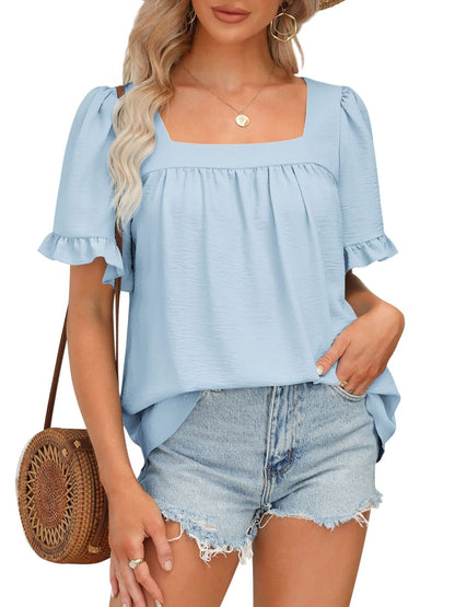 Limited time sale🔥Women's Sqaure Neck Ruffle Sleeve Blouses Peplum Tops
