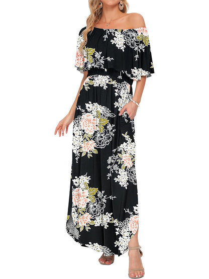 Women's Off-Shoulder Floral Maxi Dress with Pockets & Side Slit