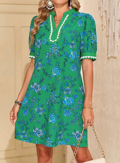 Limited time sale🔥Women's Floral Print V Neck Ricrac Trim Puff Sleeve Dress