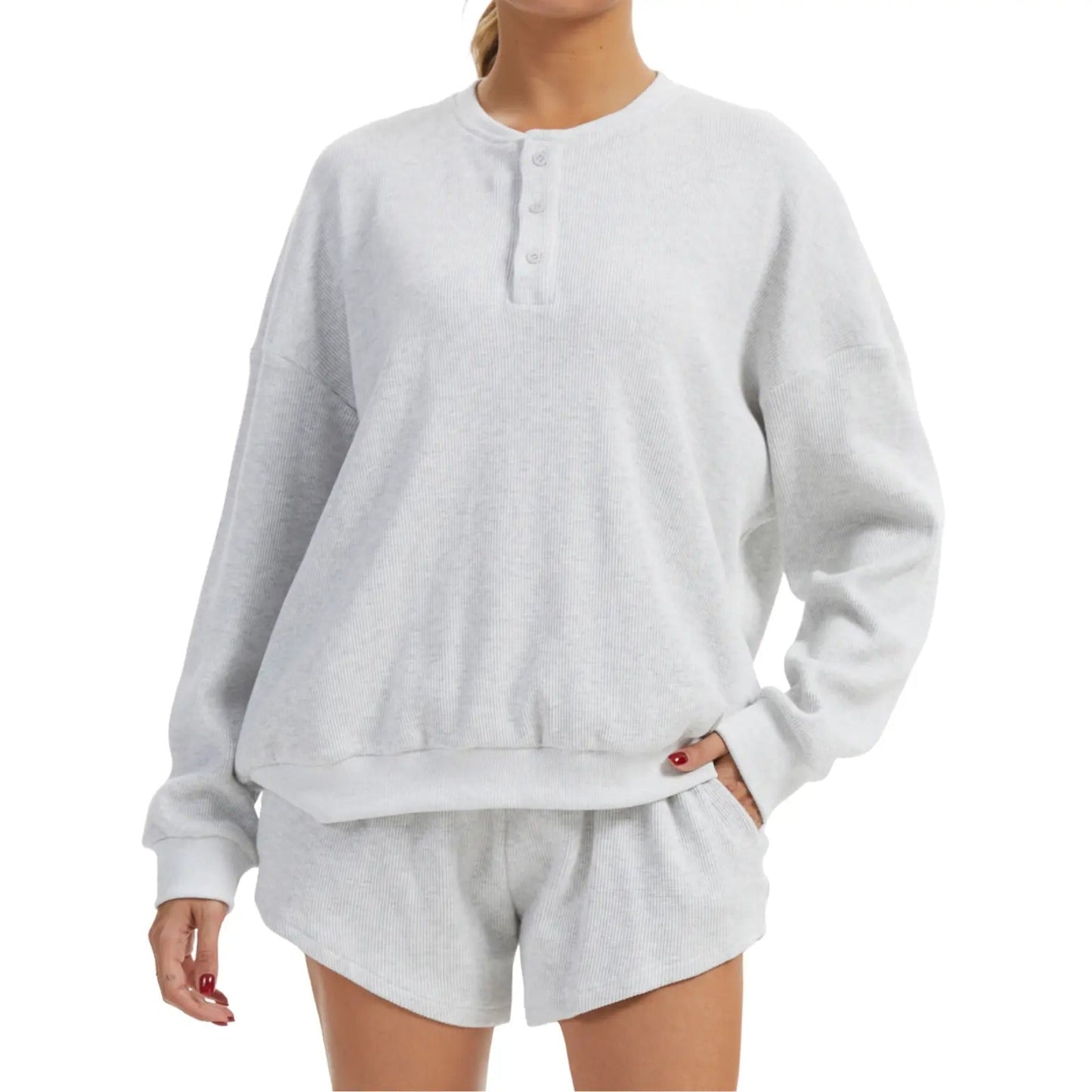 Women's Oversized Waffle Knit Lounge Set - Henley Sweatshirt & High Waisted Shorts
