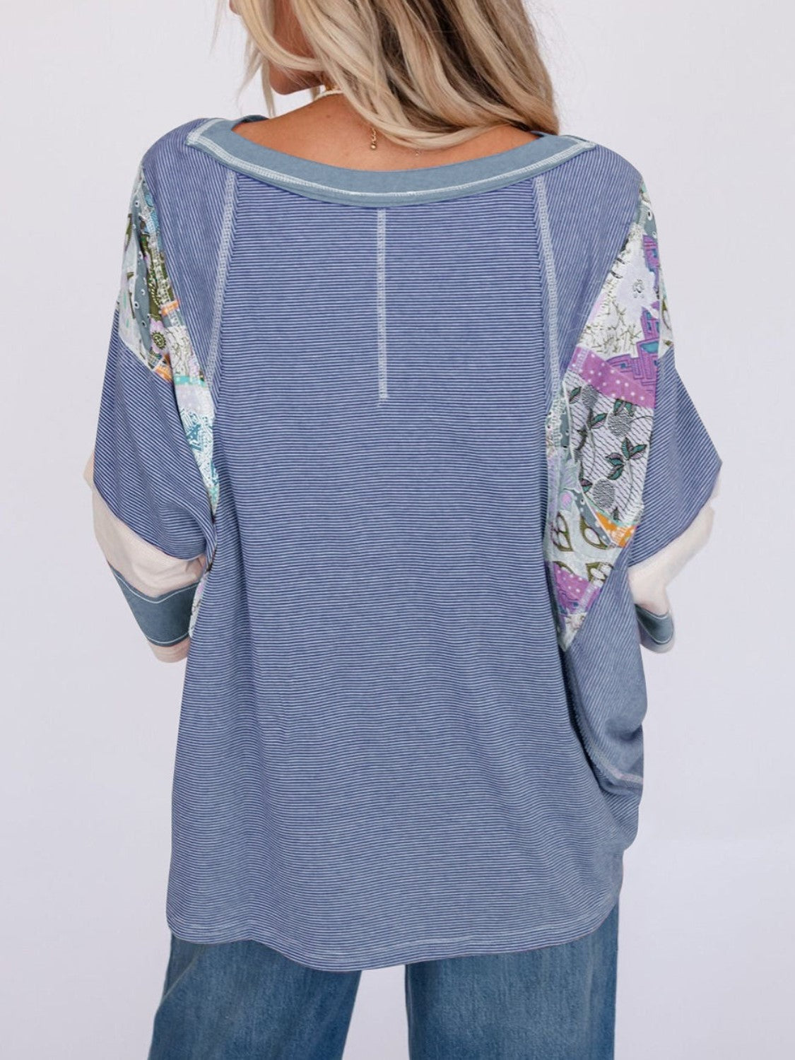 ✨Women's Casual Striped Floral Print Patchwork Oversized 3/4 Sleeve Top