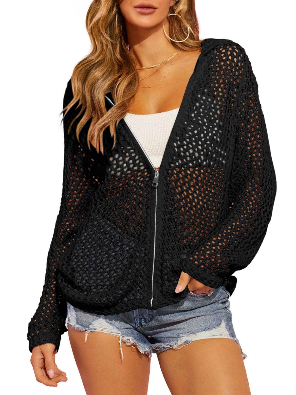 2026 Womens Crochet Lightweight Cardigans Zip Up Hooded Cover Up