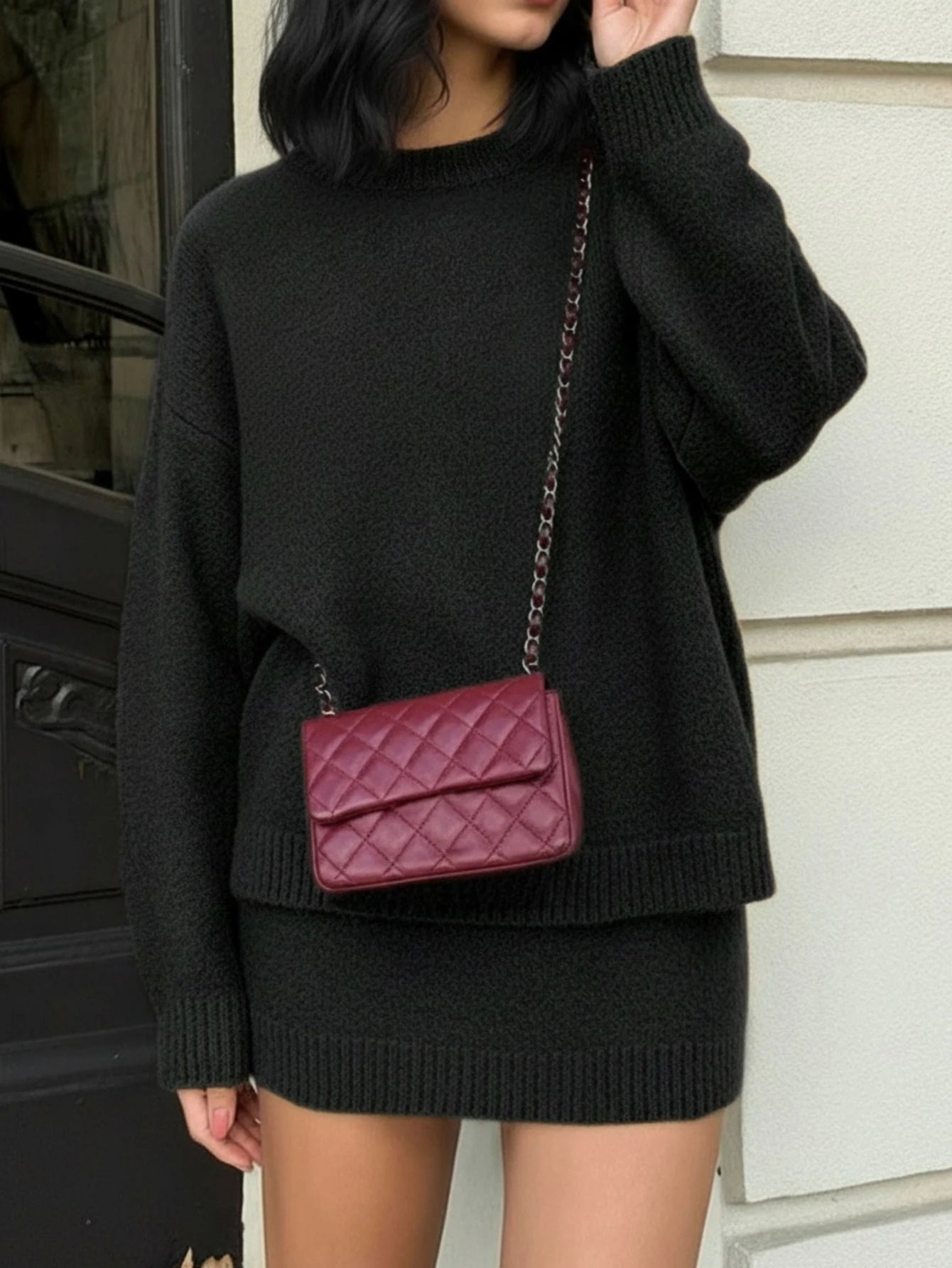Women Knitted Sweater Set Crew Neck Long Sleeve Pullover With Midi Skirt